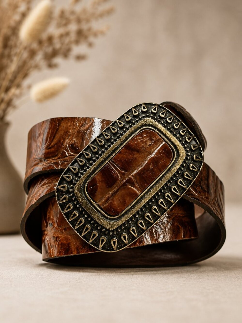 Artisan Genuine Leather Brown Belt – 48" Long – Vintage Statement Buckle